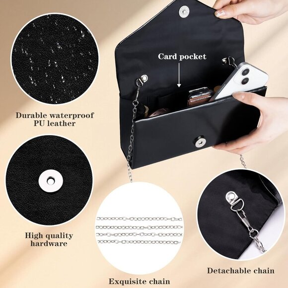 🆕Women's Black Vegan Leather Envelope Clutch Purse Evening Bag with Chain Strap - Picture 5 of 7